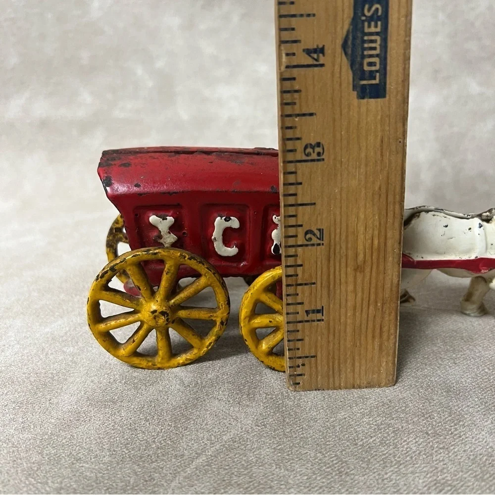 Toy Antique Cast Iron Horse Drawn Ice Wagon Red White  7.5x2x3 Inches